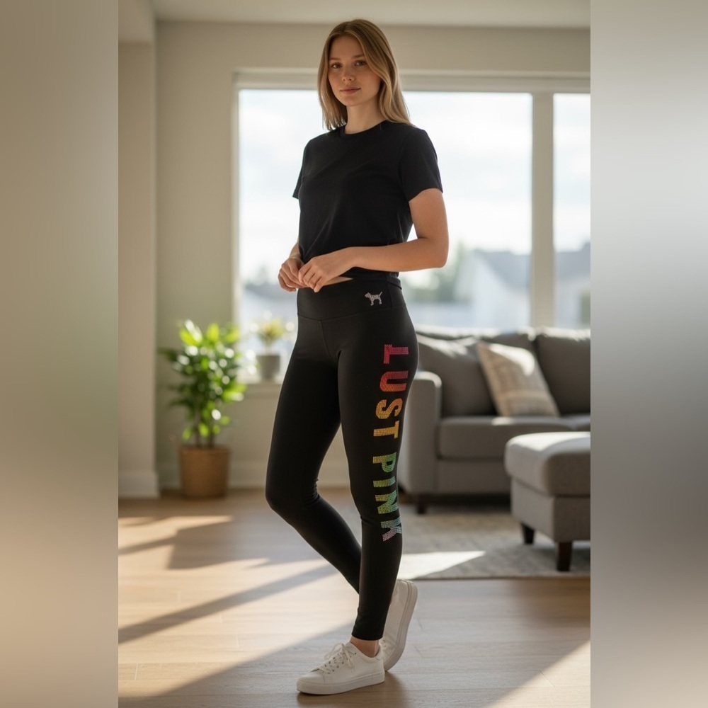 Victoria's Secret Pink Bling Ombre Rainbow Sequin Cotton Black Yoga Leggings